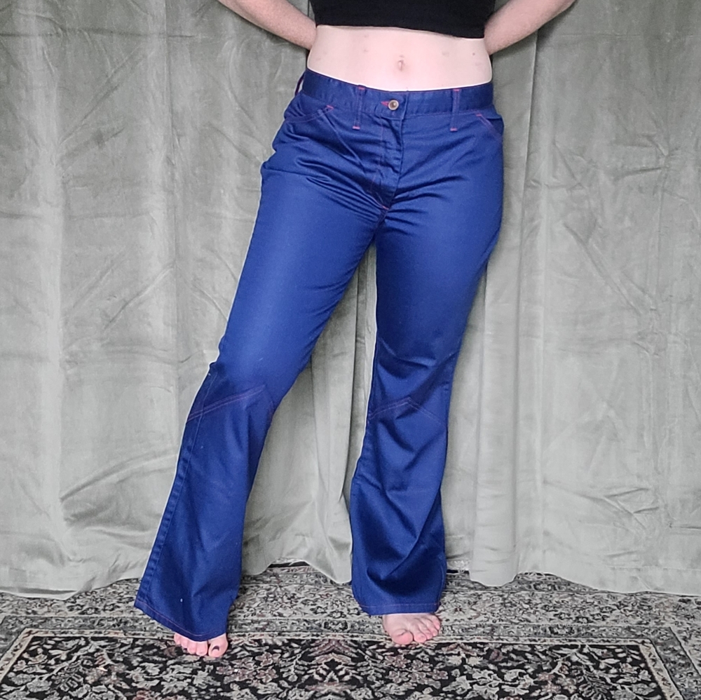 True Vintage 1970s Western Preppy Bikercore Blue Flare Mid Rise Trouser Pants
